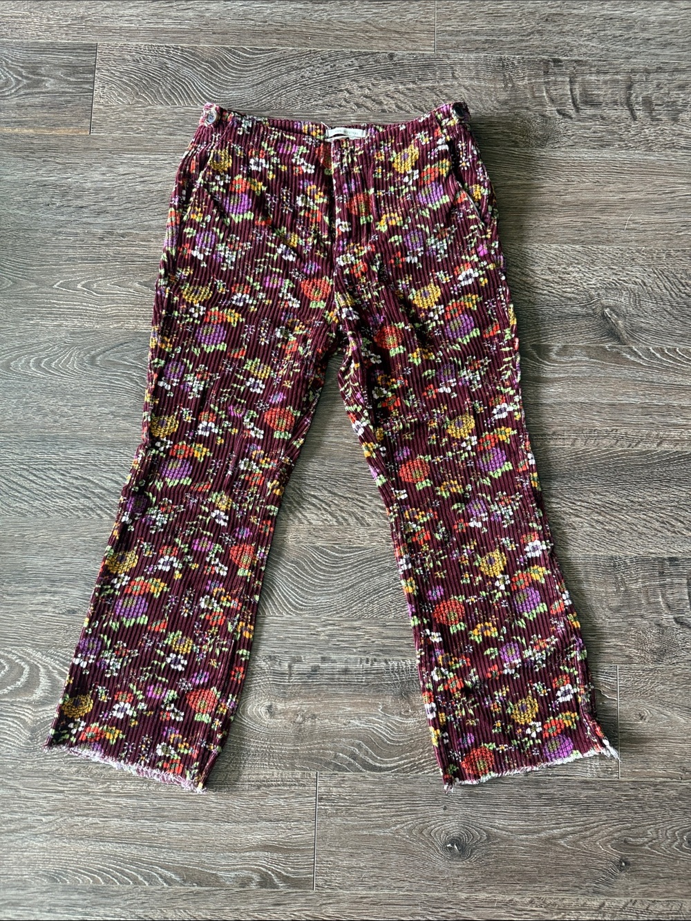 Ribbed Corduroy Floral Flared Pants